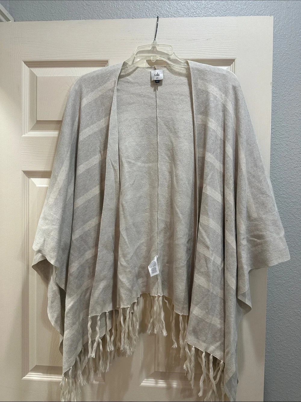 Cabi Fringe Poncho Wrap Shawl - Neutral Cream Striped